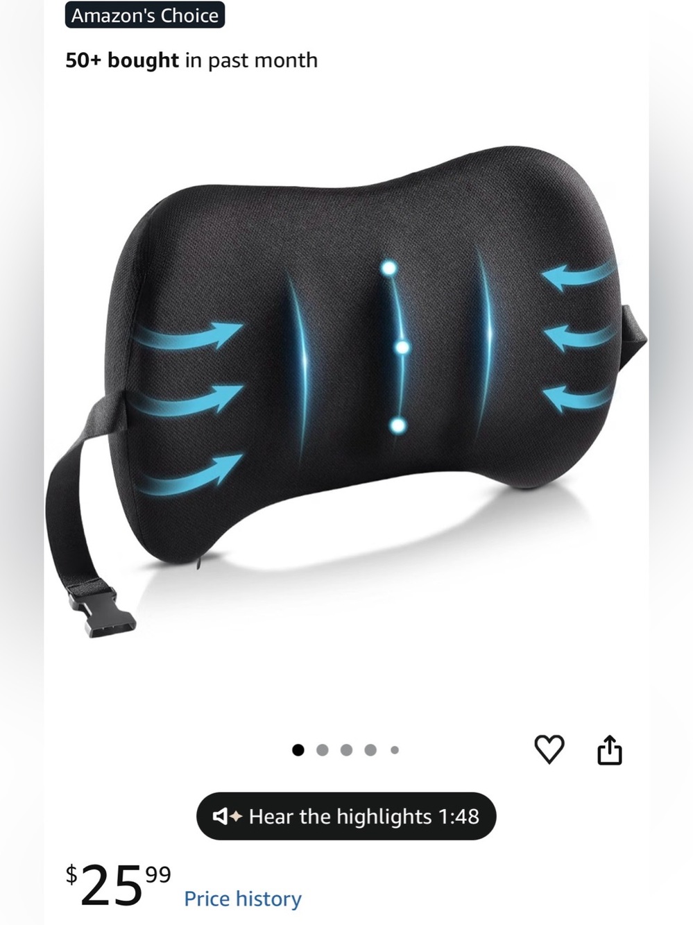 Black Memory Foam Lumbar Support Pillow for VR & Seat Comfort